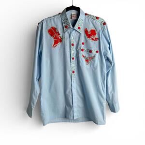 Vintage Light Blue Western Shirt with Red Embroidered Appliques